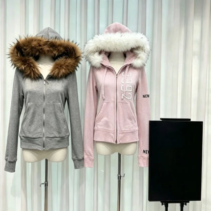 Vintage American Furry Hoodie Women Y2K Harajuku Faux Fur Collar Jacket Slim Waist Belted Hot Girl Fashion Sweat Outerwear New