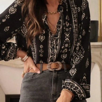 Plus Size Women's Fashion Printed Long Sleeve Loose Elegant Blouse Shirt Spring and Autumn Floral Print Chiffon Blouse Shirt