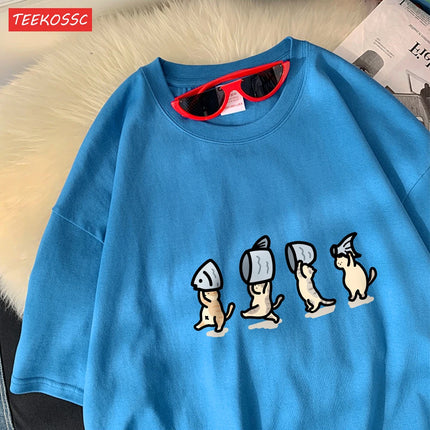 Four Little Cats Holding Fishcotton Women T-Shirts Cartoons Prints T Shirts Soft O-Neck Loose Short Sleeve Tops Summer Clothes
