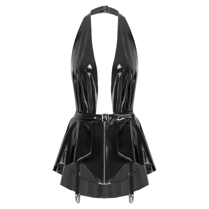 Womens Lingerie Latex Glossy Bodysuit Halter Zipper Crotch with Skit Hem And Garters Jumpsuit Raves Party Sexy Clubwear Costume