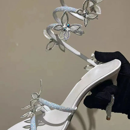Luxury Crystal Embellished Butterfly Detail Women Sandals Sexy Coiled Strap High heels Gladiator Sandals Summer Party prom Shoes