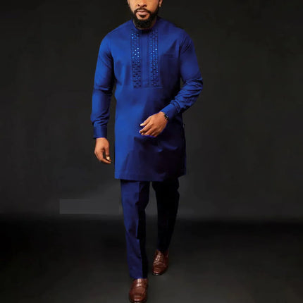New Dashiki Men's Set Grey Round Neck Long Sleeve Luxury Brand Men's Suit Casual Slim Fit Men's Set Wedding Evening Suit
