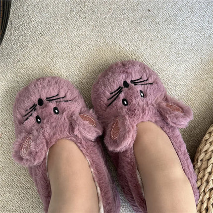 Winter Warm Slipper Women Home Fuzzy Fur Contton Plush Non Slip Grip Indoor Fluffy Lazy Female Mouse Ears Embroidery Floor Shoe