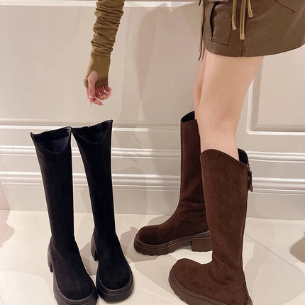 New Vintage Women Stretch Slim High Boots Fashion Back Zippers Shoes Autumn Winter Thick Heel Ladies Knight Long Booties 2025