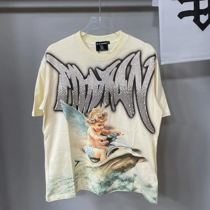 MIXED EMOTION Rhinestone Short Sleeve Men Women Tshirt Streetwear Cotton Loose Round Neck Top Tees Oversized Tee Top Trendy