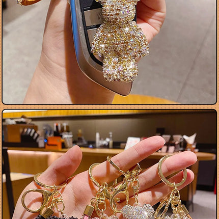 Cute Rhinestones Tassel Bear Keychain Couple Keychain Girl Decoration Small Pendant Car Key Ring Student Bag Pendant