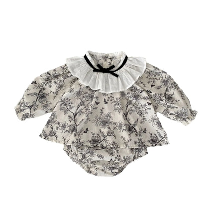 7201-1 Baby Girl's Suit New Autumn Fashion Lace Bow Baby Girl's Suit Long Sleeve Shirt+Short Princess Two-piece Suit