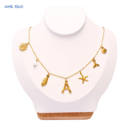 MHS.SUN Starfish Shell Initial Necklace Waterproof 18K Gold Plated Stainless Steel Charm Necklaces Surfer Girl Summer Beach Gift