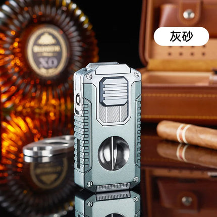 Portable Multi-function Jet Lighter with V-shaped Cigar Cutter Cigar Cigarette Holder Men's Cigarette Lighter, Gentleman's Taste