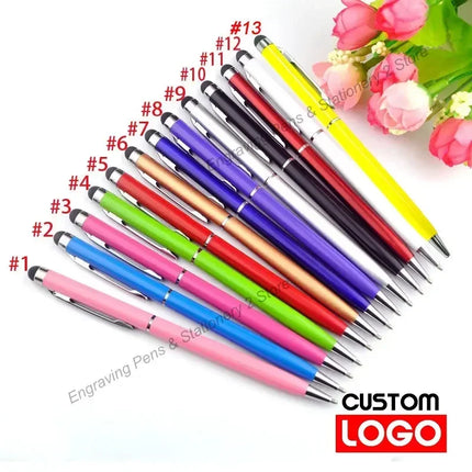 100 Pcs 13-color Metal 2-in-1 Stylus Universal Ballpoint Pen Custom Logo Text Engraving Office School Advertising Pen Wholesale