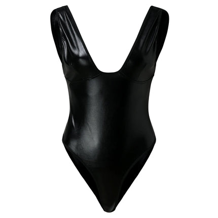 Sexy Lingerie Faux Leather Bodysuit Women Crotchless Underwear Sleepwear High Cut Thong Bodysuit Lenceria Erotic Sexi Costumes