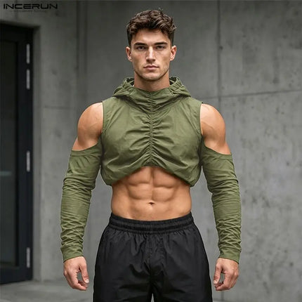 INCERUN Men's T Shirt Solid Color Pleated Off Shoulder Long Sleeve Hooded Men Clothes Streetwear Loose 2026 Crop Tops For Man
