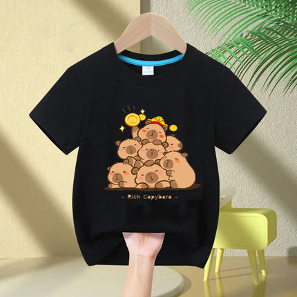 Cute Capybara Loves Bubble Tea print kids T-Shirt summer children's pure cotton short-sleeved casual tops boys and girls gifts