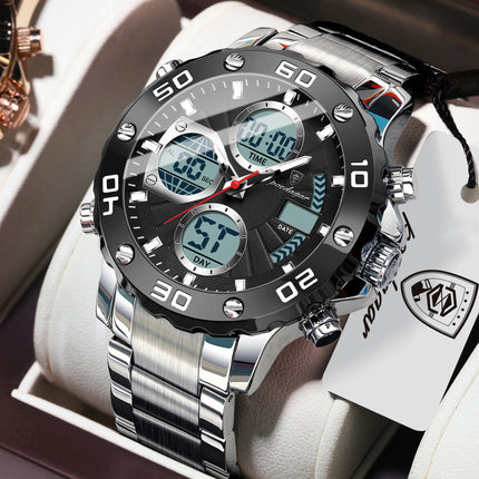 POEDAGAR Functional Men's Quartz Wristwatch Electronic LED Alarm Dual Display Male Clock Waterproof Sports Watches For Men Reloj