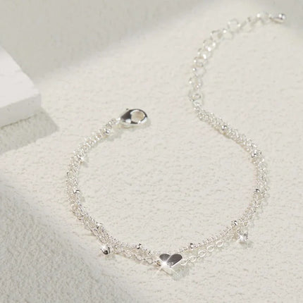 Dainty Layered Silver Anklet with Heart Charm - Elegant CZ Bracelet for Women, Waterproof & Trendy Gift