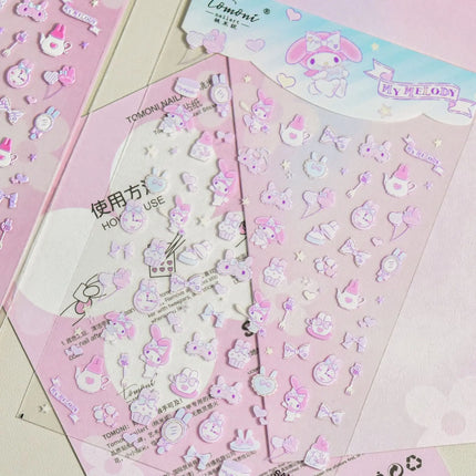 Embossed Sanrio Series Nail Stickers My Melody Hello Kitty Self-Adhesive Nail Parts Long-Lasting Colors Kuromi Nail Accessories