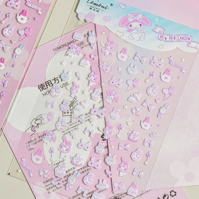 Embossed Sanrio Series Nail Stickers My Melody Hello Kitty Self-Adhesive Nail Parts Long-Lasting Colors Kuromi Nail Accessories