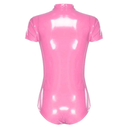 Womens Letter Print Leather Bodysuit One Piece Front Hollow-out Short Sleeve Bodycon Sexy Latex Jumpsuit for Party Rave Clubwear