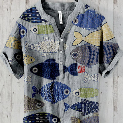 Popular European and American short-sleeved wave pattern men's shirts, stand-up collar shirts, Hawaiian shirts, men's vacation shirts