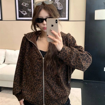 Women Y2K Leopard Hoodies Streetwear Loose Harajuku Retro Sweatshirts Hip Hop Fall American Vintage Female Long Sleeve Tops New