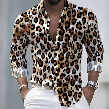 New Men's Leopard Print Long-Sleeved Shirt, Trendy Retro Slim-Fit Turn-Down Collar Casual and Stylish Men's Shirt, Sizes S-6XL.