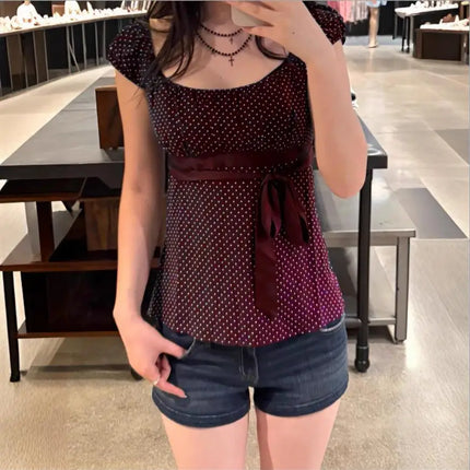 Women Summer Fairy Grunge Y2k Babydoll Shirts Cap Sleeve Micro Polka Dot Tie Back Flowy Slim T-shirts Tops Preppy Clothes