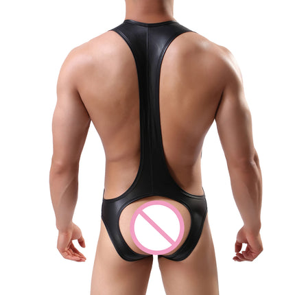 Mens Leotard Sexy Teddy Lingerie PU Leather Bodysuit Wrestling Singlet Open Butt Jumpsuit Gay Erotic Underwear Fetish Catsuit