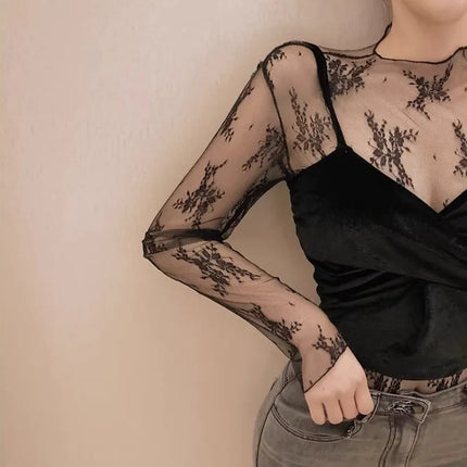 Sexy Black Hollow Out Mesh T-Shirt Transparent Mesh Female Tops Long Sleeve Basic Shirts SeeThrough Turtleneck Women Tshirts