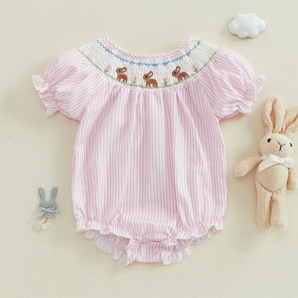 Newborn Infant Baby Girl Bunny Romper Puff Sleeve Rabbit Smocked Striped Bubble Bodysuit My 1st Easter Outfit Summer Clothes