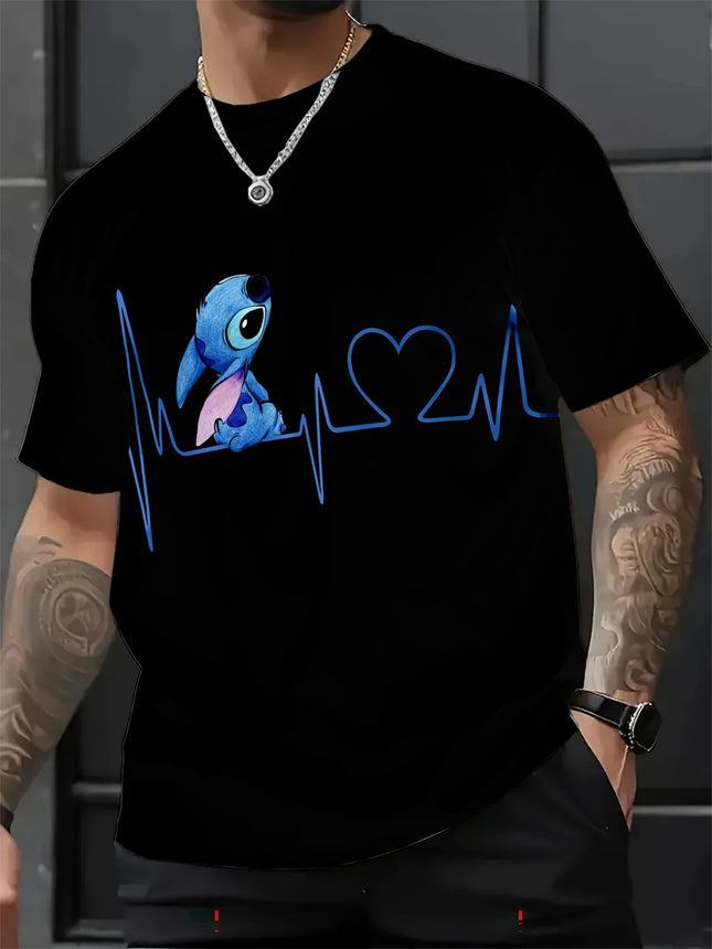 Stitch Heartbeat Love Heart ECG Line Print T-shirt, Men Cute Lilo & Stitch Black Casual Streetwear Tee