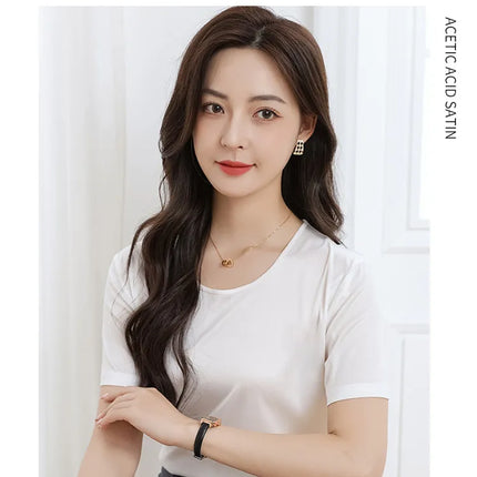 Summer High-End Women's Short Sleeve T-Shirt Acetate Fabric Knitted European Style Thin Hot Selling Top for Ladies