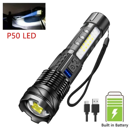 Powerful LED Flashlight Type C Rechargeable Waterproof Torch with Side Light 7 Modes Zoomable Lamp for Camping Fishing Lantern