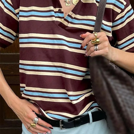 Women Summer Basic T-Shirt Casual Striped Print Lapel Short Sleeve Tops For Streetwear Aesthetic Grunge Clothes Hot Sale S-XL