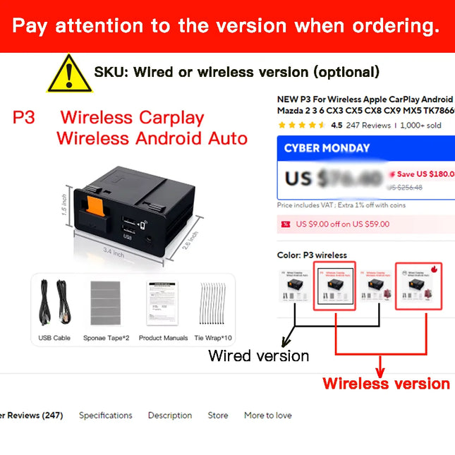 NEW P3 For Wireless Apple CarPlay Android Auto Adapter USB Hub OEM for Retrofit Mazda 2 3 6 CX3 CX5 CX8 CX9 MX5 TK78669U0C Kit