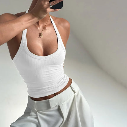 Hugcitar 2025 Summer Ribbed Halter Backless Solid Sexy Crop Tank Top Casual Y2K Women Clothes Beach Vacation Streetwear Yoga