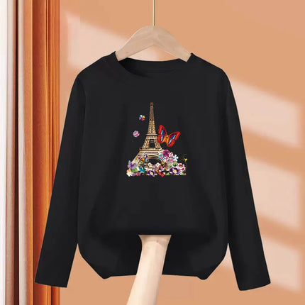 2024 New Flamingo Long-Sleeved T-shirt for Little Girls in Autumn, Round Neck Cotton Tops, Children's Fashion Tees, Ages 3-14
