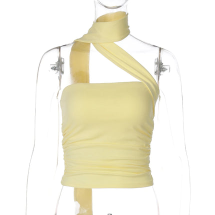 Hugcitar Women Elegant Halter Scarf Strapless Ruched Solid Sexy Slim Crop Tank Top 2025 Summer Casual Clothes Streetwear Party