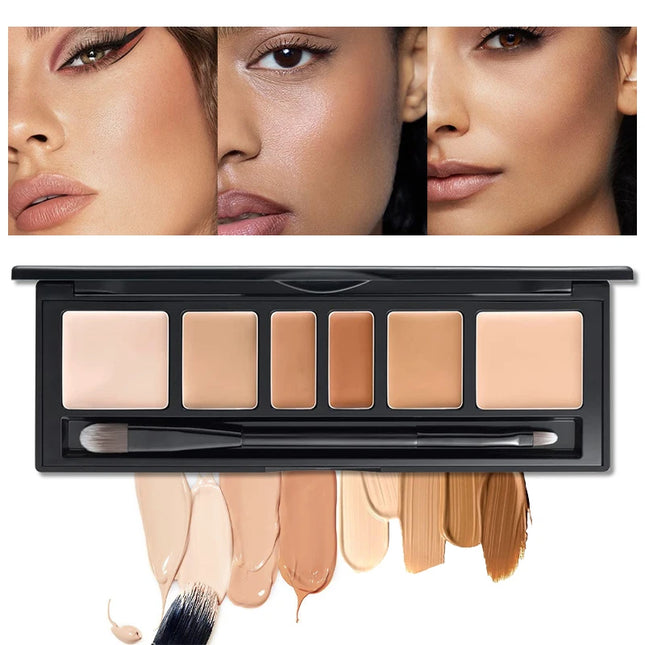 6-color concealer palette with brush, long-lasting, waterproof full coverage concealers, Corrects Dark Circles, Red Marks