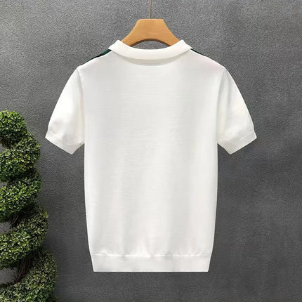 Summer New Men Slim-fit Luxury Knitted Polo Shirt Striped Patchwork T-shirt Casual Zipper Short Sleeve Tops Business Knitwear