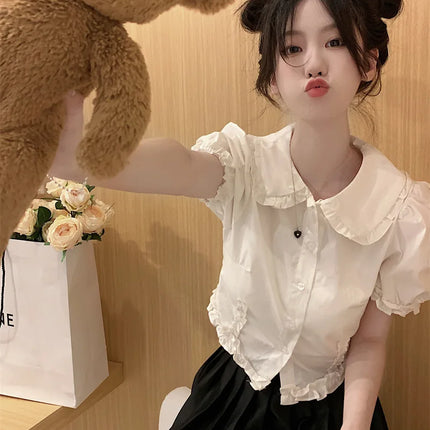 White Doll Collar Bubble Sleeve Shirt Women's Summer 2025 New Design Sweet Short Style Top Polyester Fabric Pure Color Fresh...