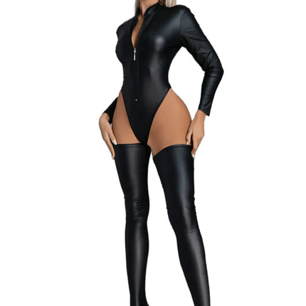 Sexy Hot Lady Wetlook Faux Leather Catsuit With Stocking PVC Latex Bodysuit Open Crotch Clubwear Fetish Erotic Lingerie Set