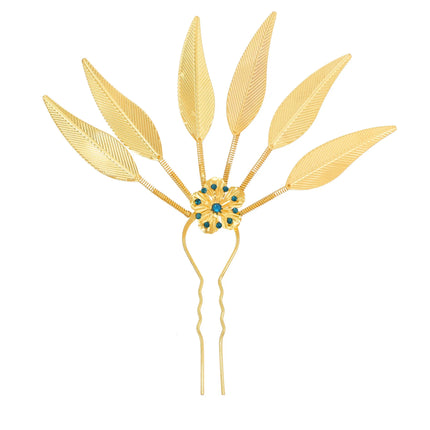 New Golden Alloy Leaf Crystal Flower Hairpin Hair Accessories for Women Thailand Ethnic Dance Party Decoration Headwear Jewelry
