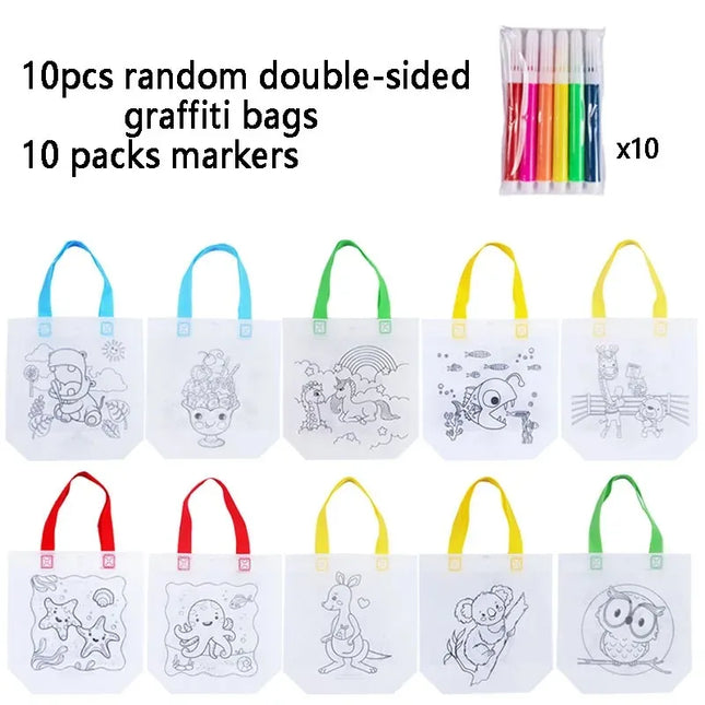 DIY /Coloring Goodie Bags with Coloring Markers Party Gift Bags for Kids Toy Storage Bag Eco Non-Woven Fabric Shopping Bags