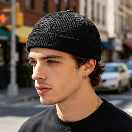 Summer Mesh Brimless Docker Cap Breathable Grid Beanie Adjustable Retro Landlord Hat Hip Hop Street Style Unisex Daily Outdoor