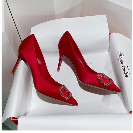 2025 New Women's Slim High-Heeled Pointed Toe Pumps with Rhinestone Buckle - Sexy Shallow-Cut Single Shoes