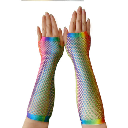 Fishing Net Glove Rainbow Glove Neon Party Punk Half Finger Glove Nightclub Sexy Net Eye Long Glove