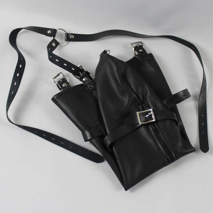 Leather Tight Single Glove Straight Arm Binder Over Shoulder Straps BDSM Bondage Arm Cuffs Zipper Body Harness Adult Roleplay