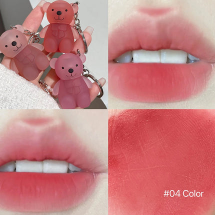 Cute Bear Velvet Lip Mud Keychain Matte Nude Red Lip Gloss Autumn Winter Non-stick Cup Lipstick Waterproof Lasting Lips Makeup