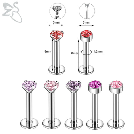 ZS 6-13PCS/LOT 16G Stainless Steel Lip Labret Piercing Set Crystal Monroe Lip Stud Ear Tragus Helix Cartilage Piercing 6/8/10mm