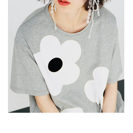 imakokoni original applique pure cotton gray T-shirt pullover short-sleeved shirt casual loose large size summer female 223602